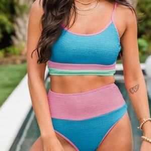 Blue and Pink Color Block Bikini Set, High Waisted, New, Size S